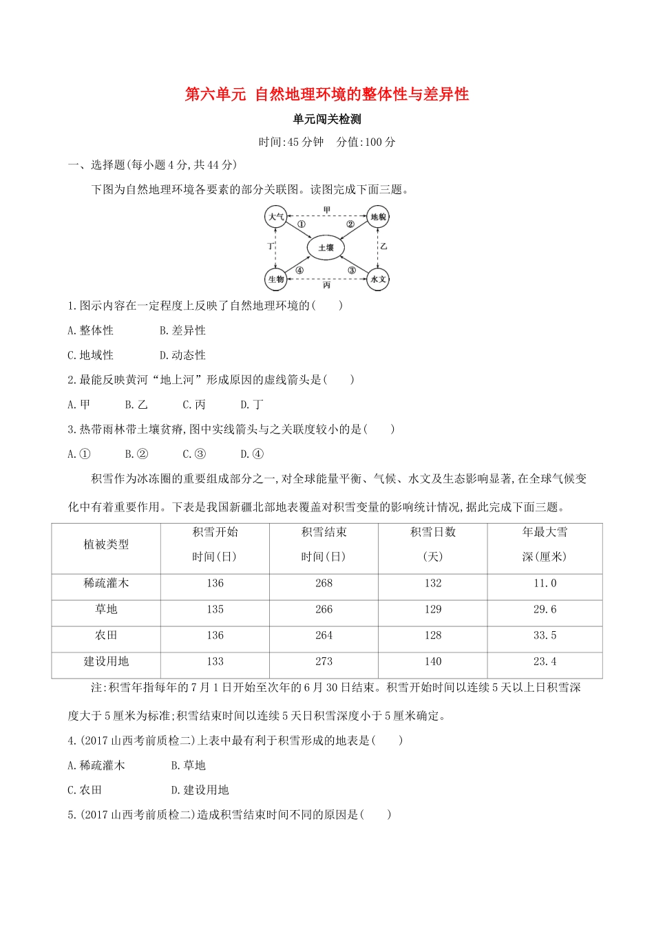 高考地理总复习 第六单元 自然地理环境的整体性与差异性单元闯关检测-人教版高三地理试题_第1页