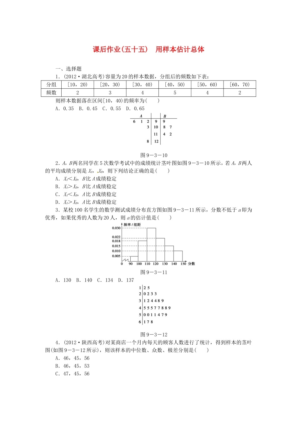 高考数学 用样本估计总体课后作业 文 新人教A版_第1页