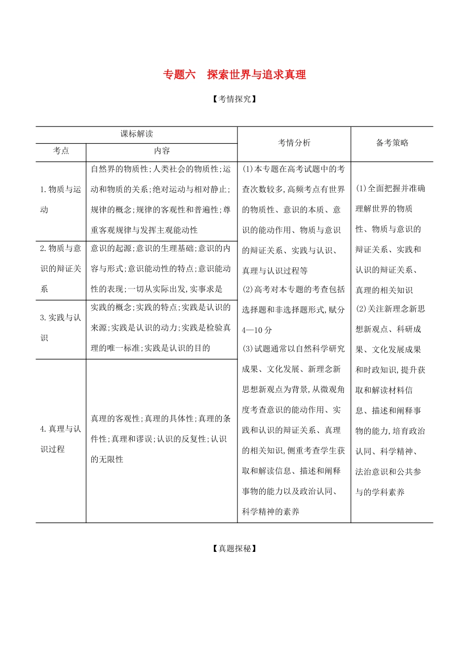 高考政治一轮复习 专题六 探索世界与追求真理精练含解析-山东版高三政治试题_第1页