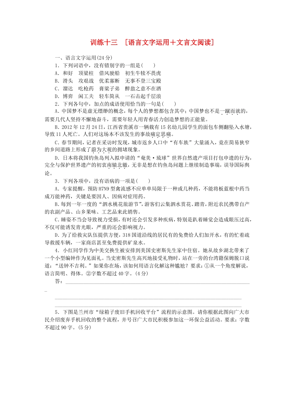 高三语文二轮专题复习 训练13 语言文字运用＋文言文阅读_第1页