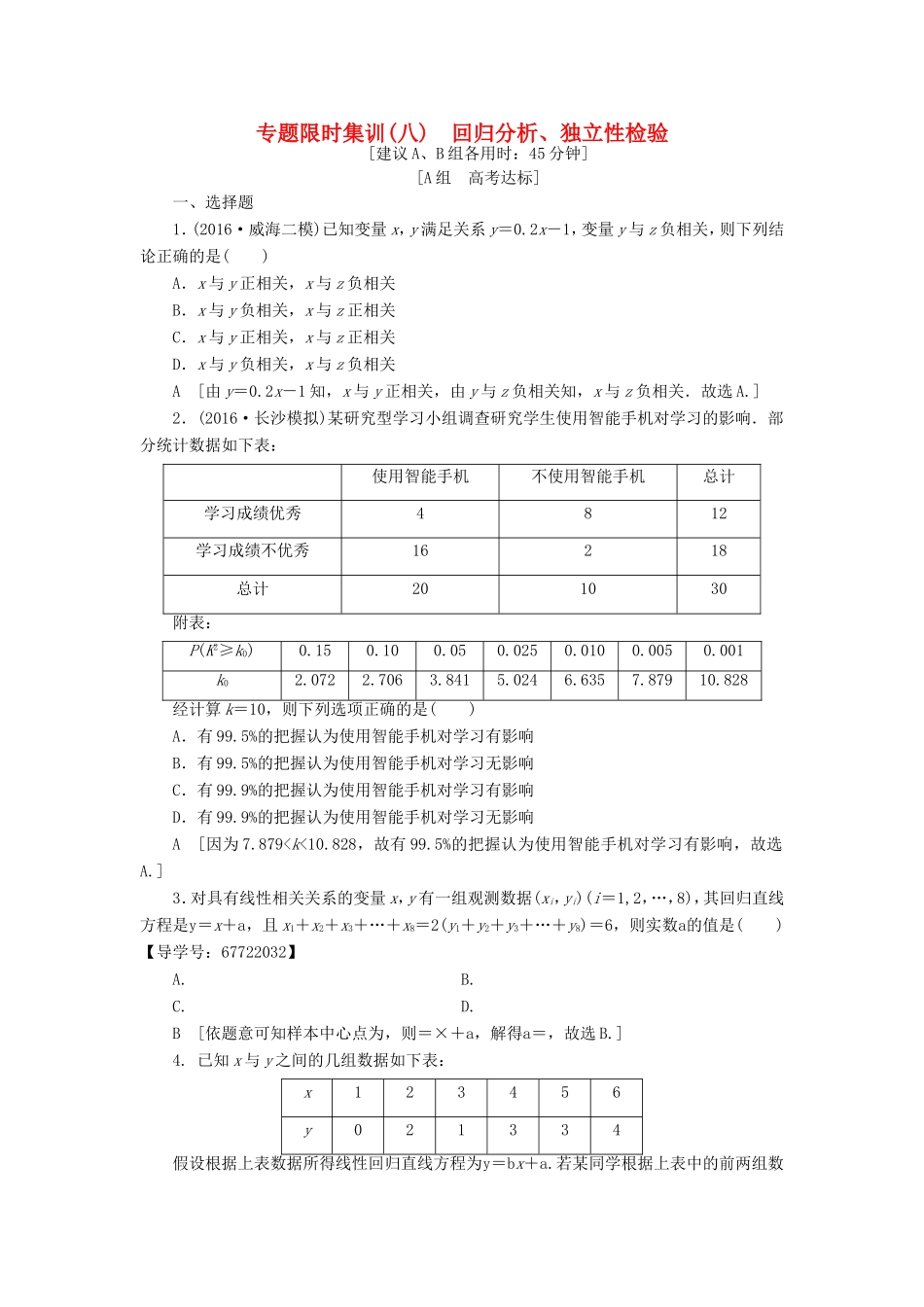 高考数学二轮专题复习与策略 第1部分 专题3 概率与统计 突破点8 回归分析、独立性检验专题限时集训 理-人教版高三数学试题_第1页