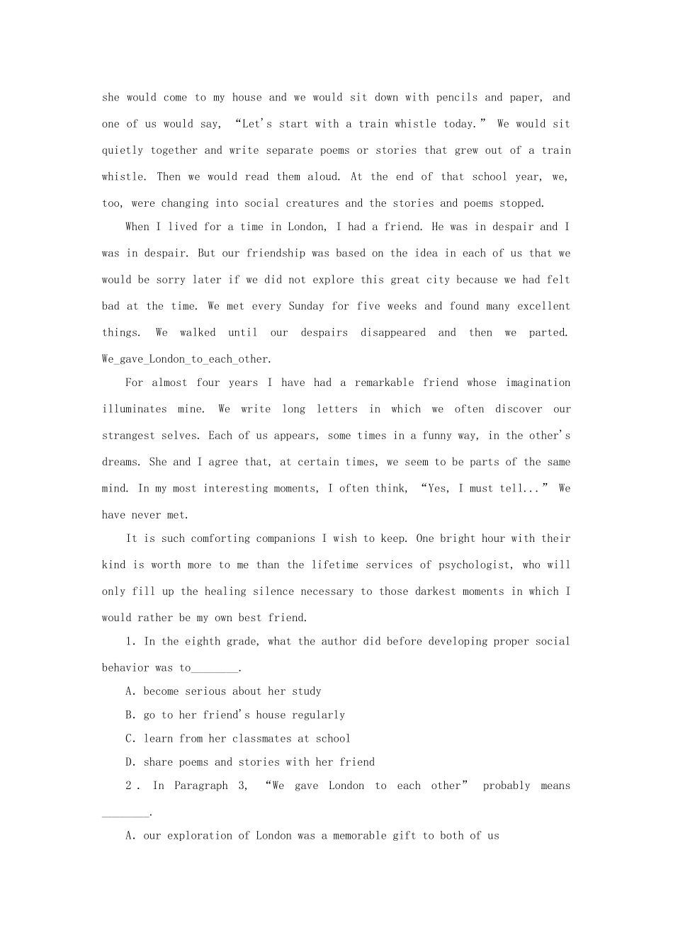 山东卷高中英语 Module 3 Interpersonal Relationships Reading Practice & Cultural Corner & Writing课时作业 外研版选修6_第3页