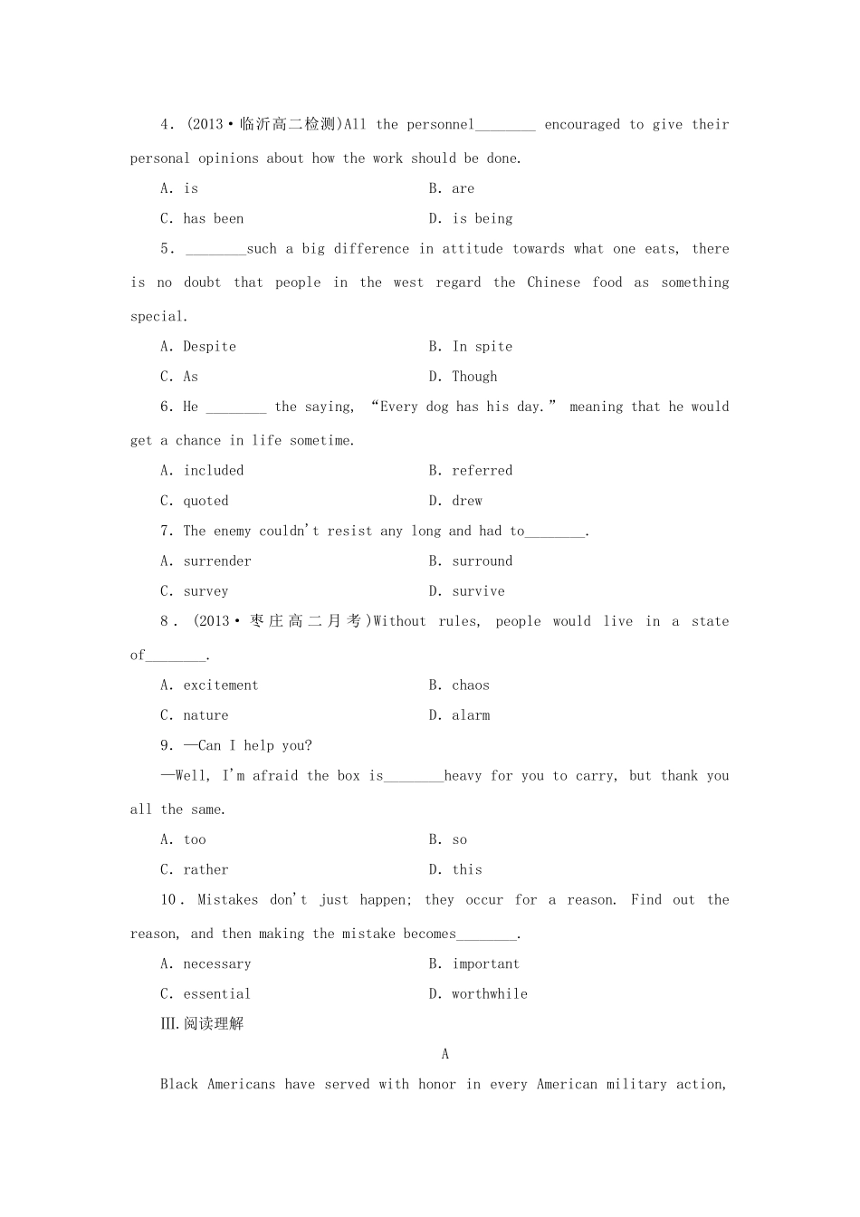 山东卷高中英语 Module 6 War and Peace Reading Practice &Cultural Corner & Writing课时作业 外研版选修6_第2页