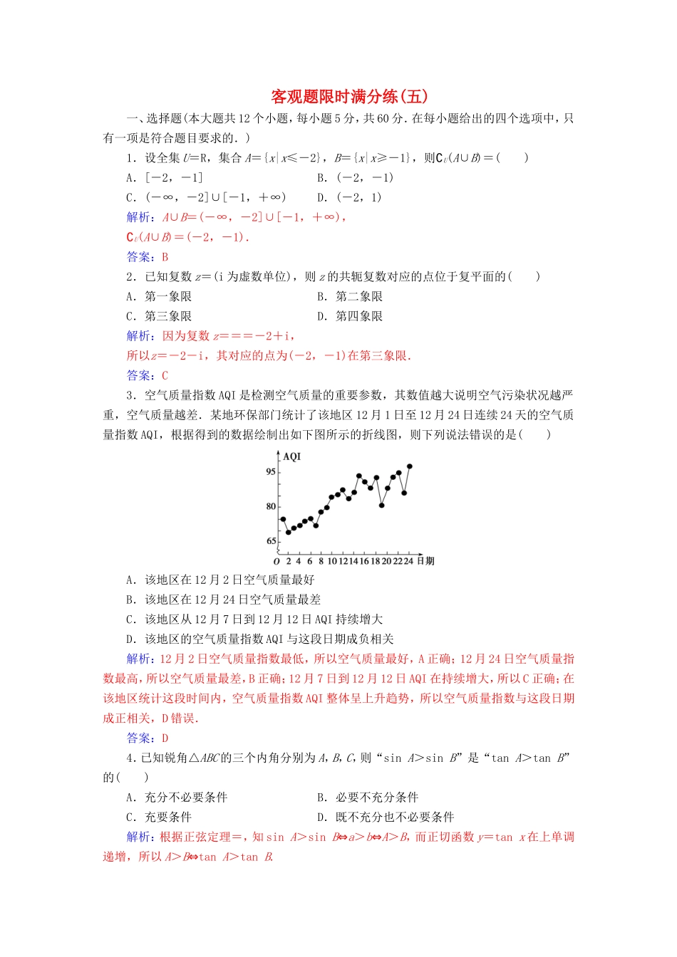 高考数学二轮复习 客观题限时满分练（五）文-人教版高三数学试题_第1页