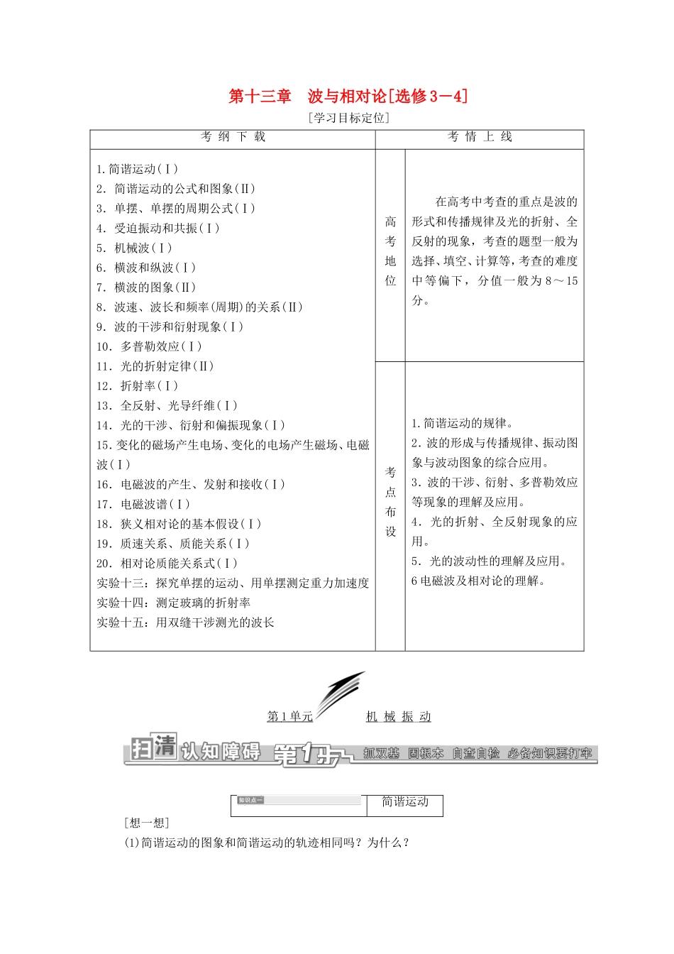 高考物理一轮复习 第十三章 波与相对论考点通关（选修3-4）-人教版高三选修3-4物理试题_第1页