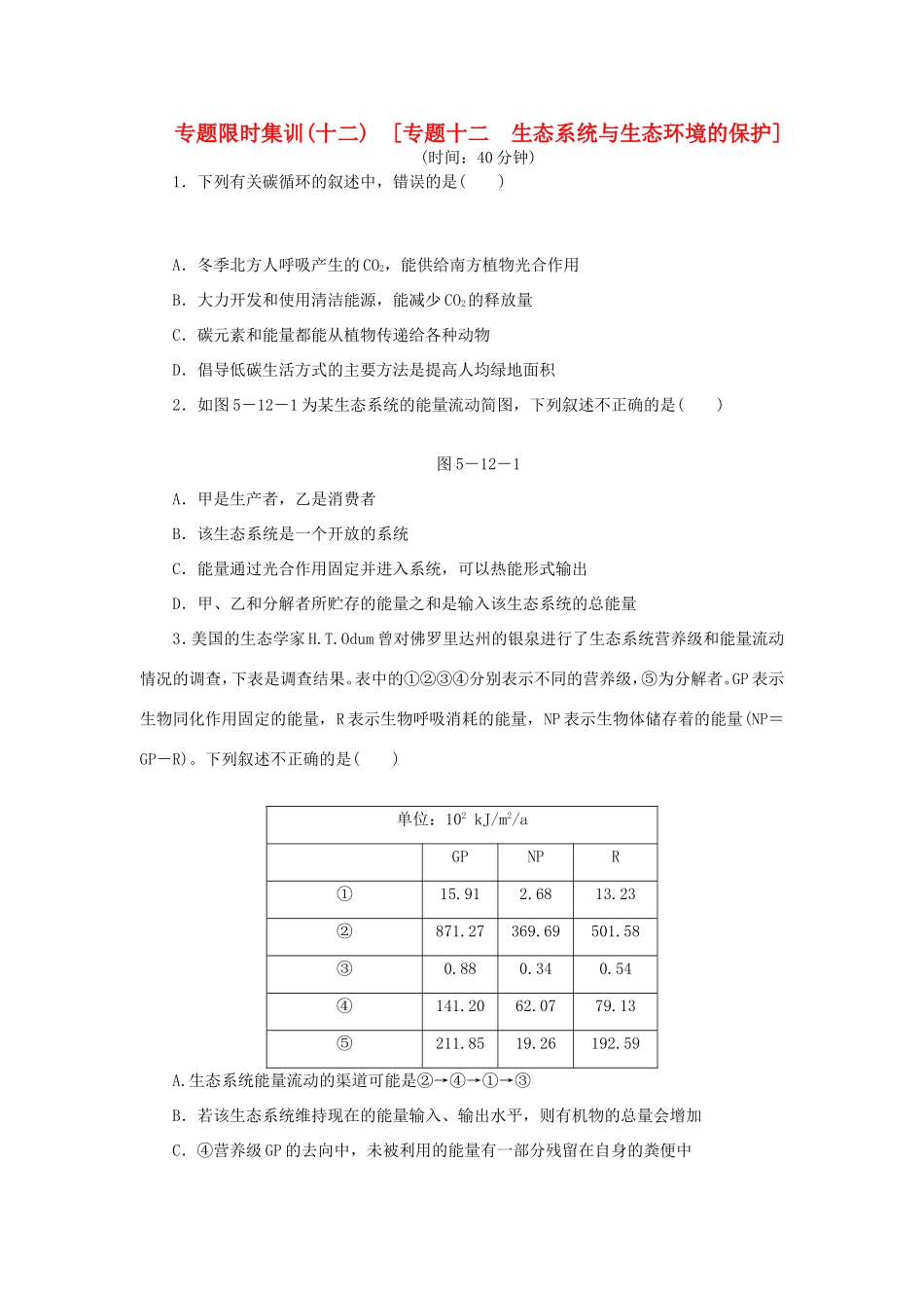 高考生物二轮复习专题限时集训 专题十二 生态系统与生态环境的保护 新人教版_第1页
