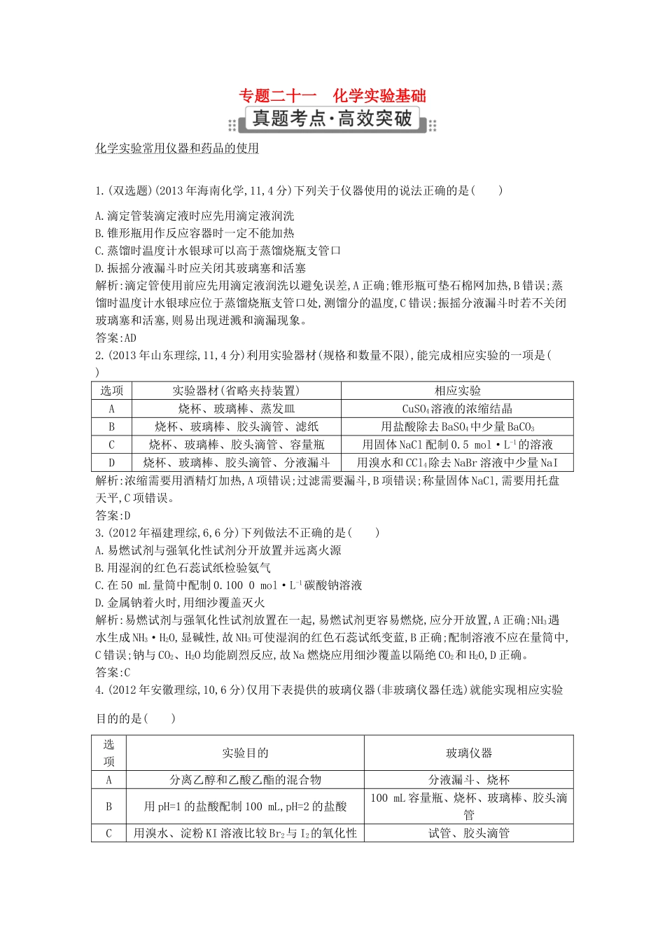 高考化学二轮复习考点突破 第五部分 化学实验 专题二十一 化学实验基础-人教版高三化学试题_第1页