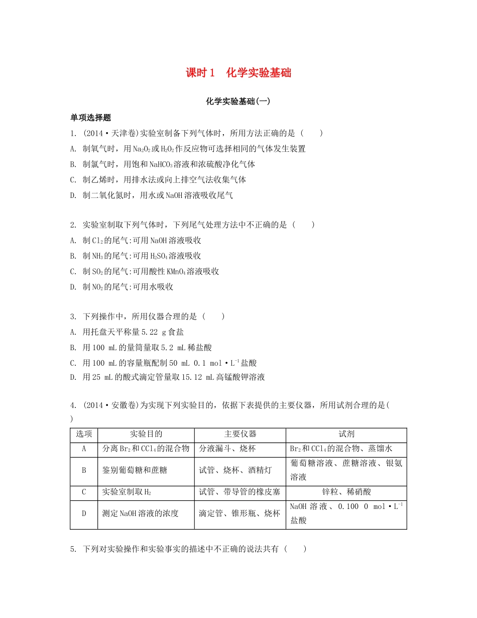高考化学一轮复习 课时1 化学实验基础化学计量检测与评估-人教版高三化学试题_第1页