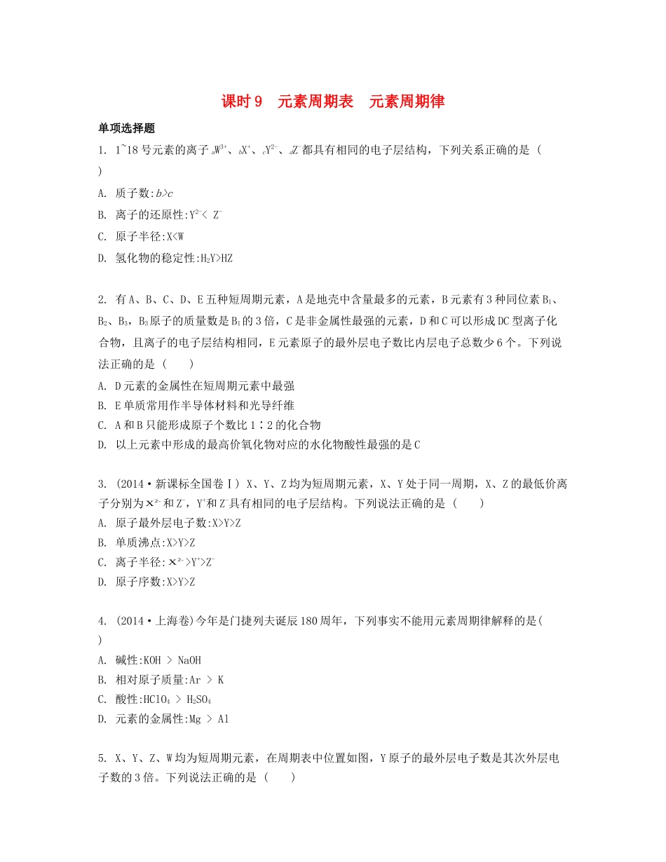 高考化学一轮复习 课时9 元素周期表 元素周期律检测与评估-人教版高三化学试题_第1页