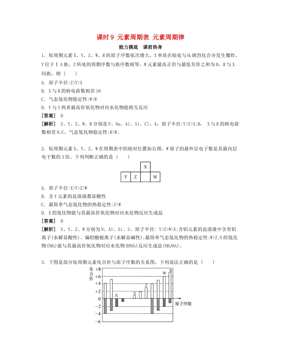 高考化学一轮复习 课时9 元素周期表 元素周期律能力摸底-人教版高三化学试题_第1页