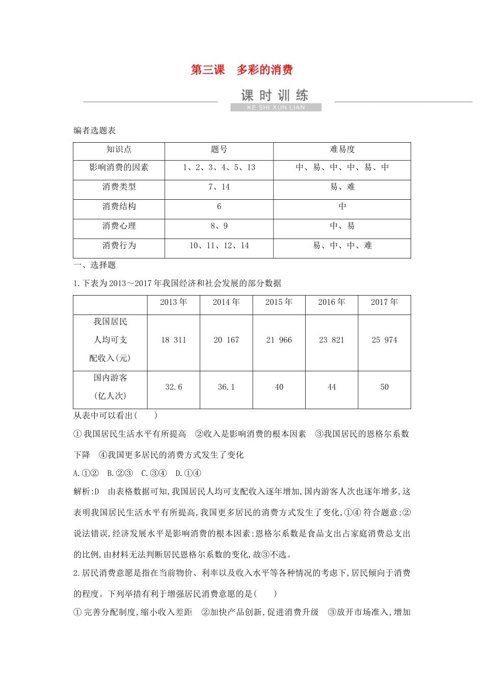新高考政治一轮复习 经济生活 第一单元 生活与消费 第三课 多彩的消费课时训练 新人教版-新人教版高三政治试题_第1页