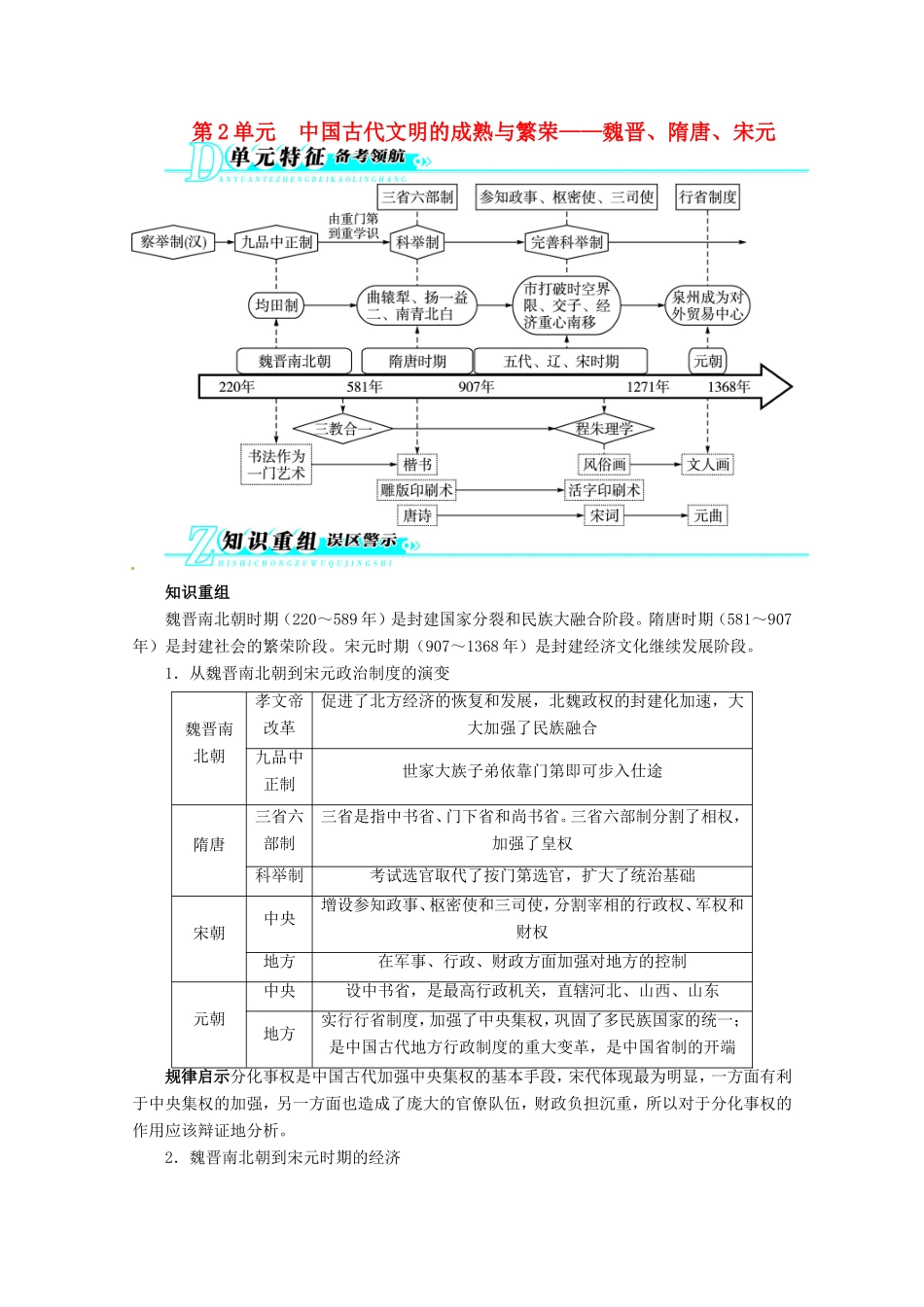 高考历史二轮复习（知识重组+考向分析）第2单元中国古代文明的成熟与繁荣 魏晋、隋唐、宋元_第1页