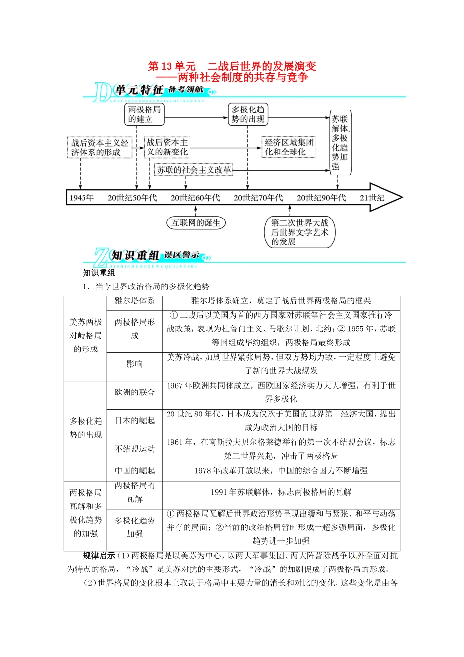 高考历史二轮复习（知识重组+考向分析）第13单元二战后世界的发展演变——两种社会制度的共存与竞争_第1页