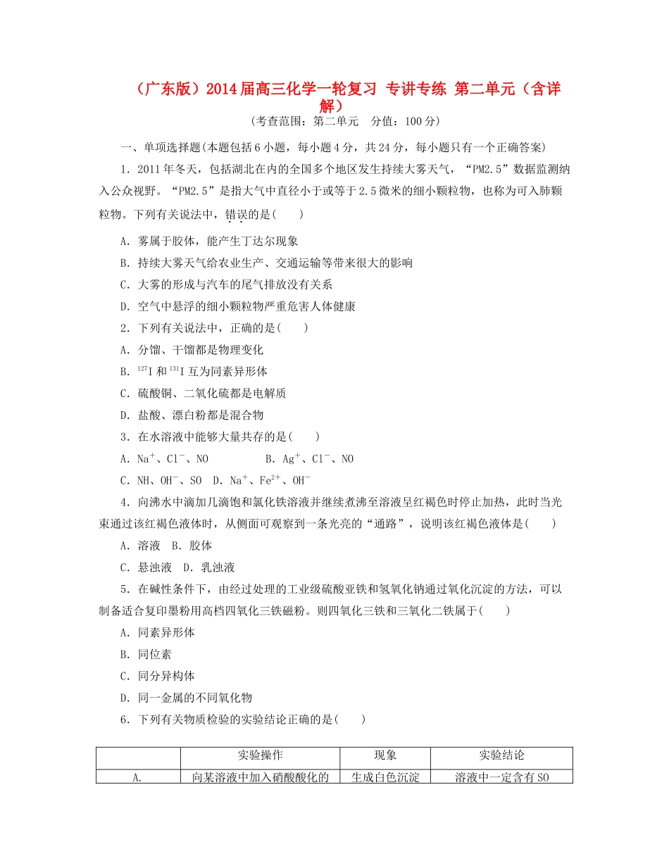 高三化学一轮复习 专讲专练 第二单元（含详解）_第1页