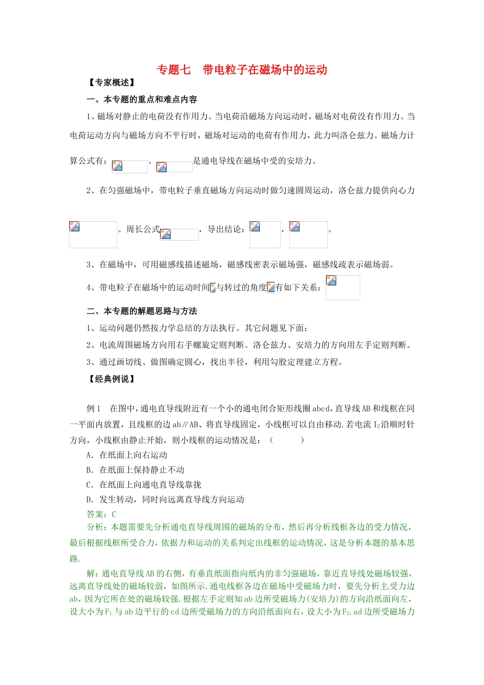 高三物理第二轮专题复习（专家概述+解题思路与方法+专题测试）专题七 带电粒子在磁场中的运动_第1页