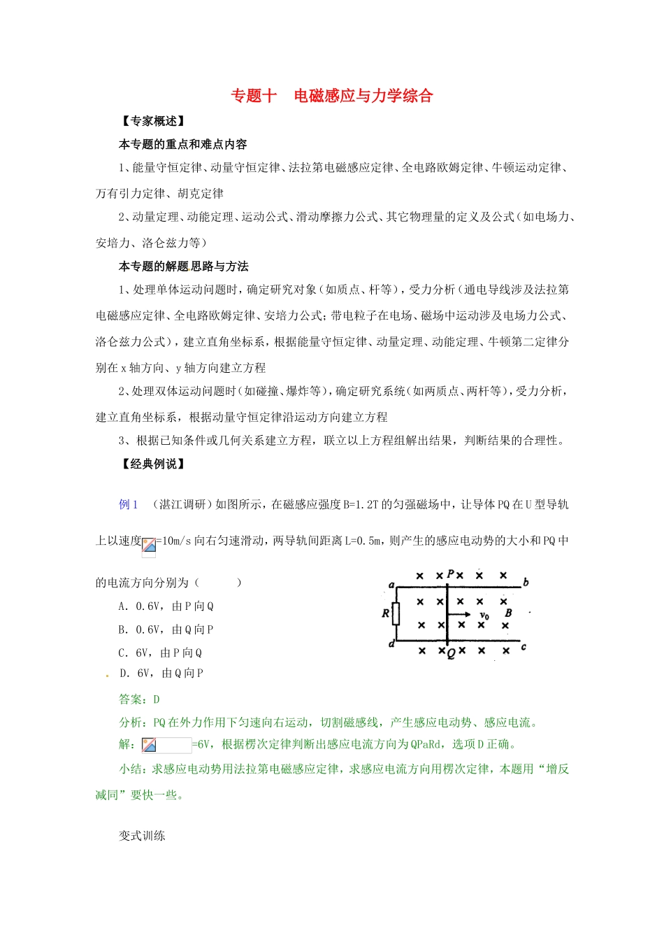 高三物理第二轮专题复习（专家概述+解题思路与方法+专题测试）专题十 电磁感应与力学综合_第1页