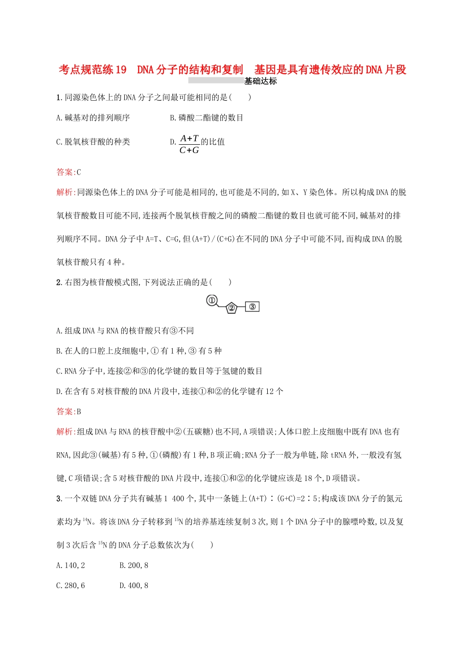 高考生物一轮复习 考点规范练19 DNA分子的结构和复制 基因是具有遗传效应的DNA片段（含解析）新人教版-新人教版高三生物试题_第1页