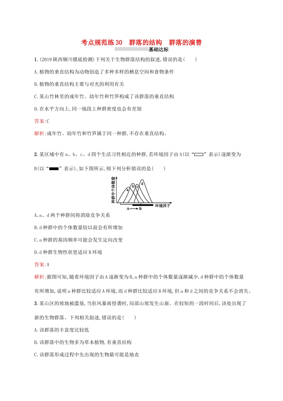 高考生物一轮复习 考点规范练30 群落的结构 群落的演替（含解析）新人教版-新人教版高三生物试题_第1页
