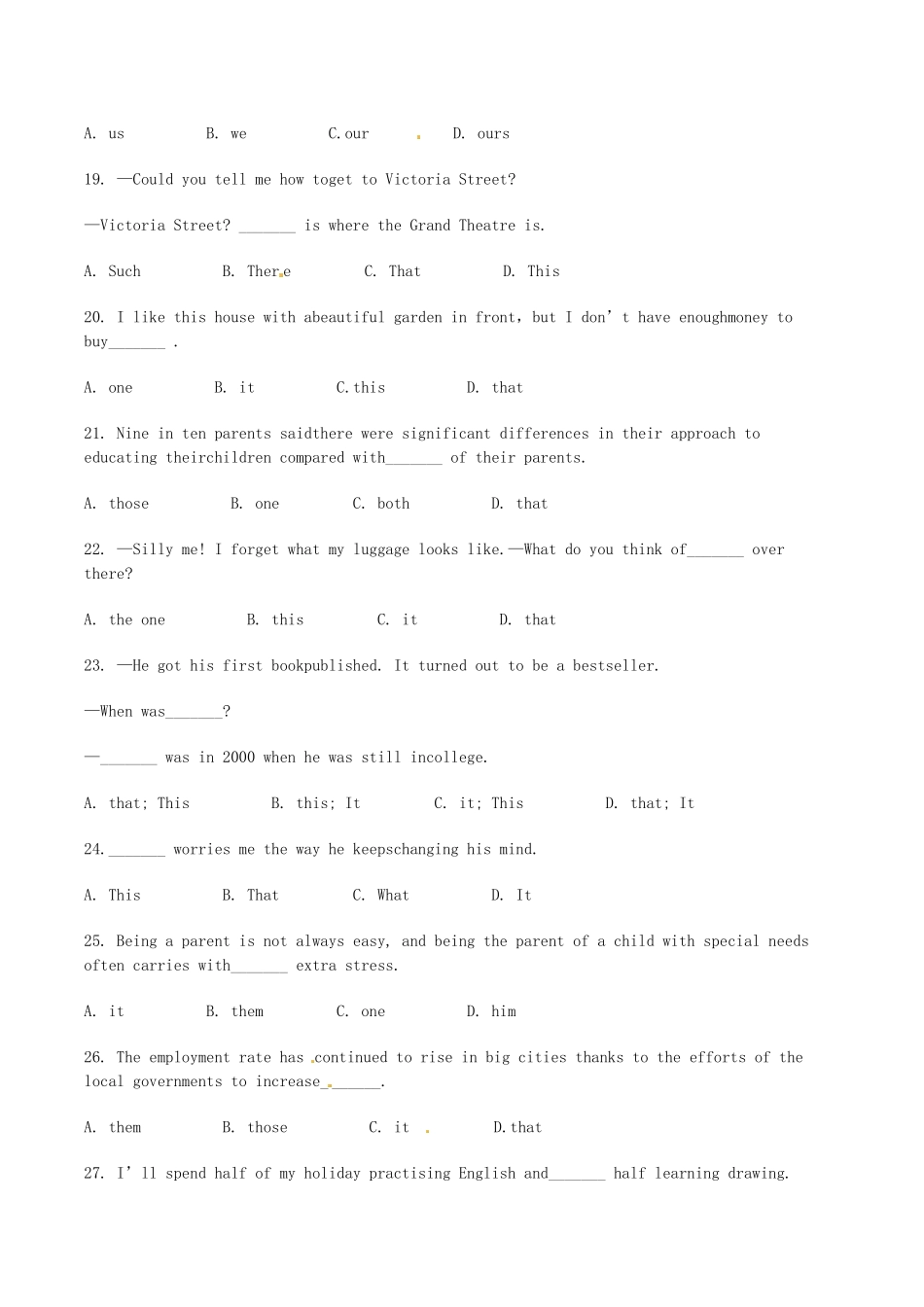 高考英语二轮复习 单项填空 代词拉分题特训（较难题目）_第3页