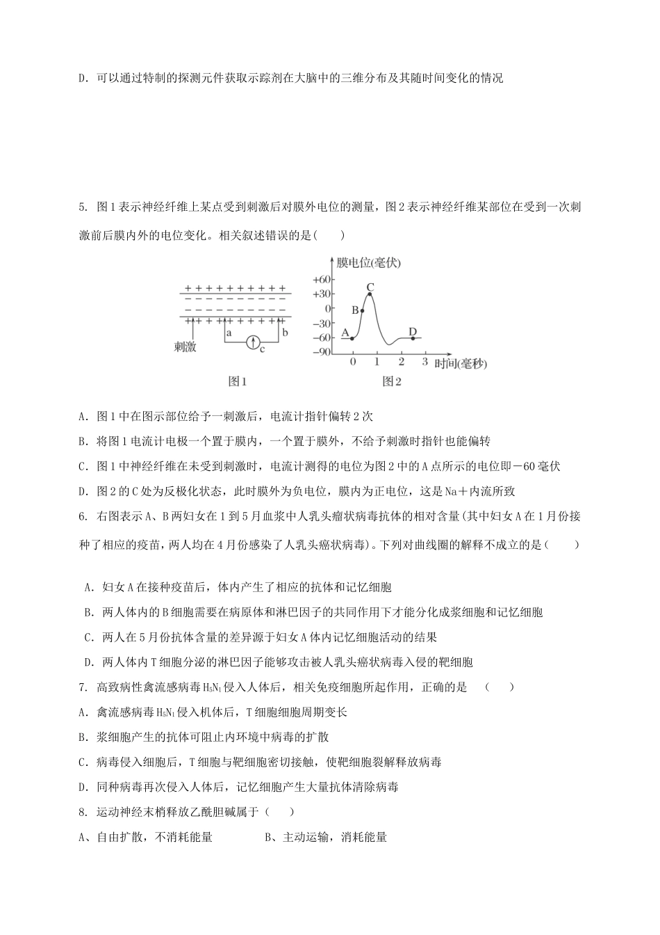（新课标）高二生物上学期月考（人体生命活动）_第2页