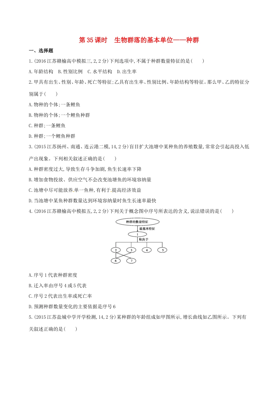 （江苏专版）高考生物一轮复习 第十单元 生物群落的演替（第35课时）生物群落的基本单位-种群模拟训练-人教版高三全册生物试题_第1页