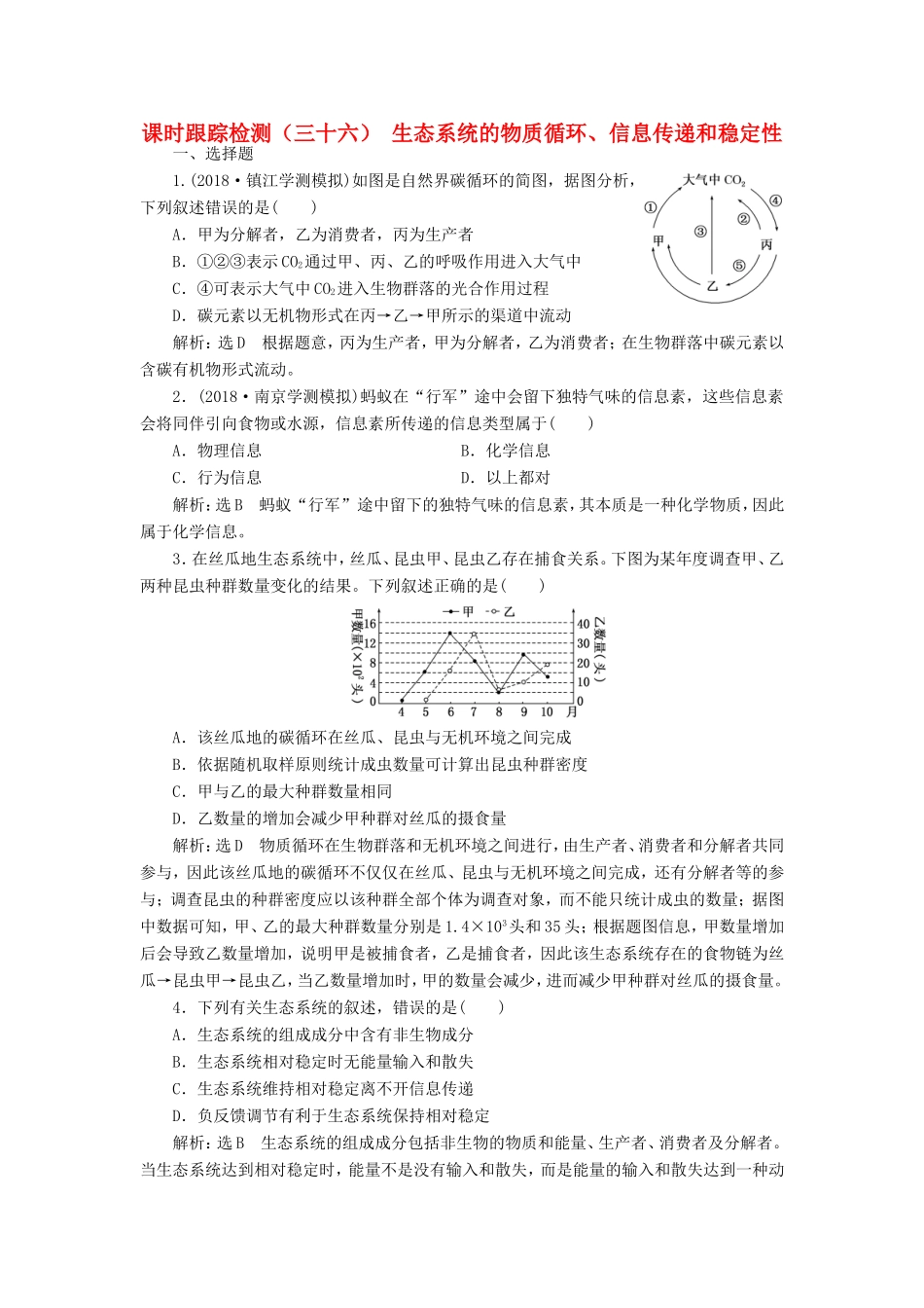 （江苏专版）高考生物一轮复习 第四单元 生态系统与环境保护 课时跟踪检测（三十六）生态系统的物质循环、信息传递和稳定性 必修3-人教版高三必修3生物试题_第1页