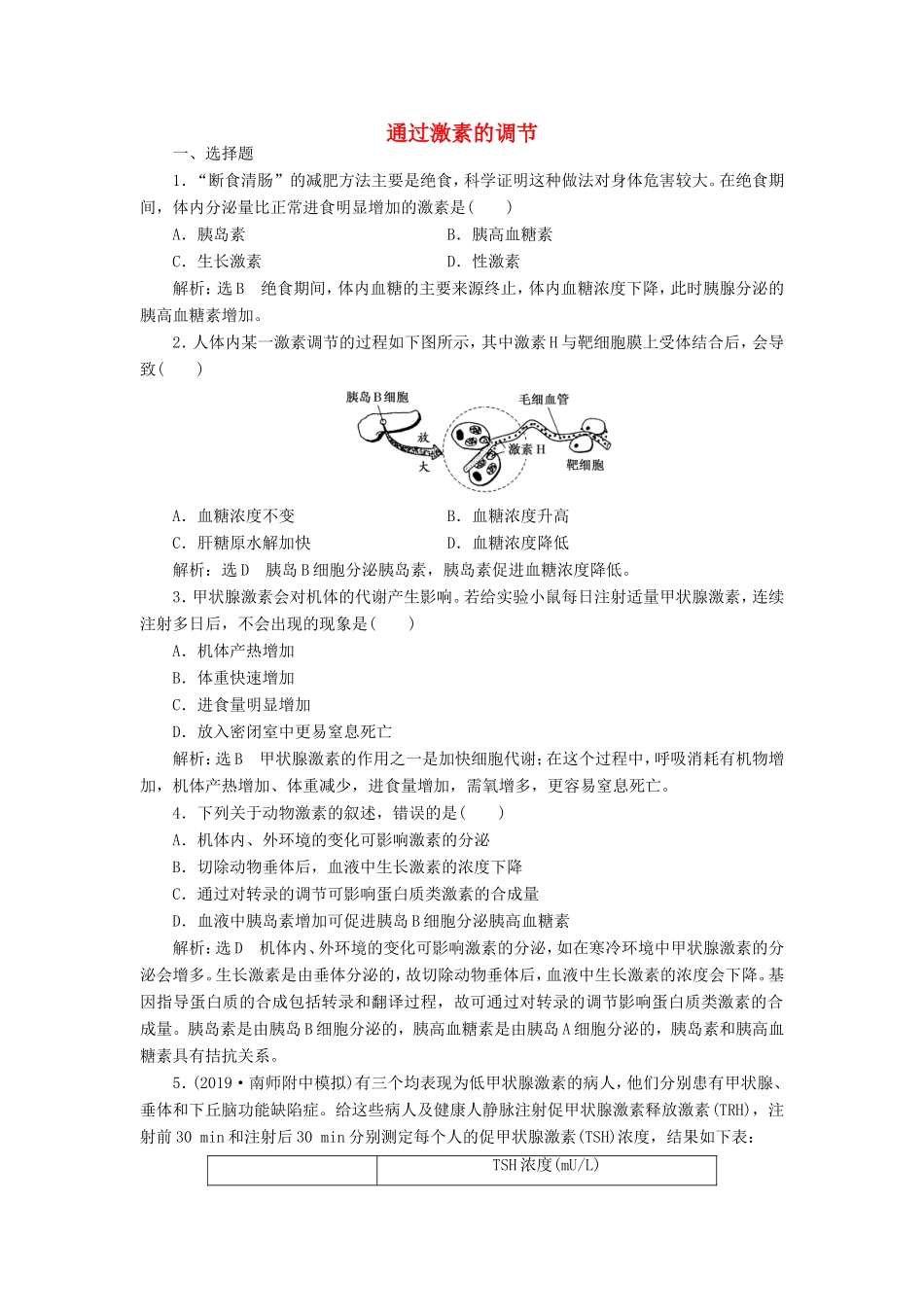 （江苏专版）高考生物一轮复习 课时跟踪检测（二十九）通过激素的调节（含解析）-人教版高三全册生物试题_第1页