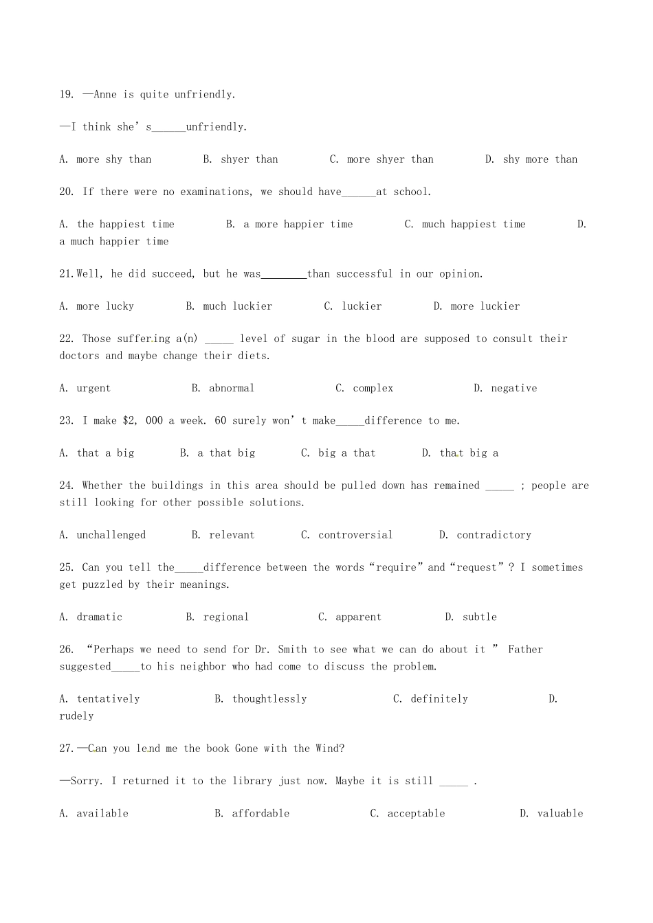 高考英语二轮复习 单项填空 形容词和副词拉分题特训（较难题目）_第3页