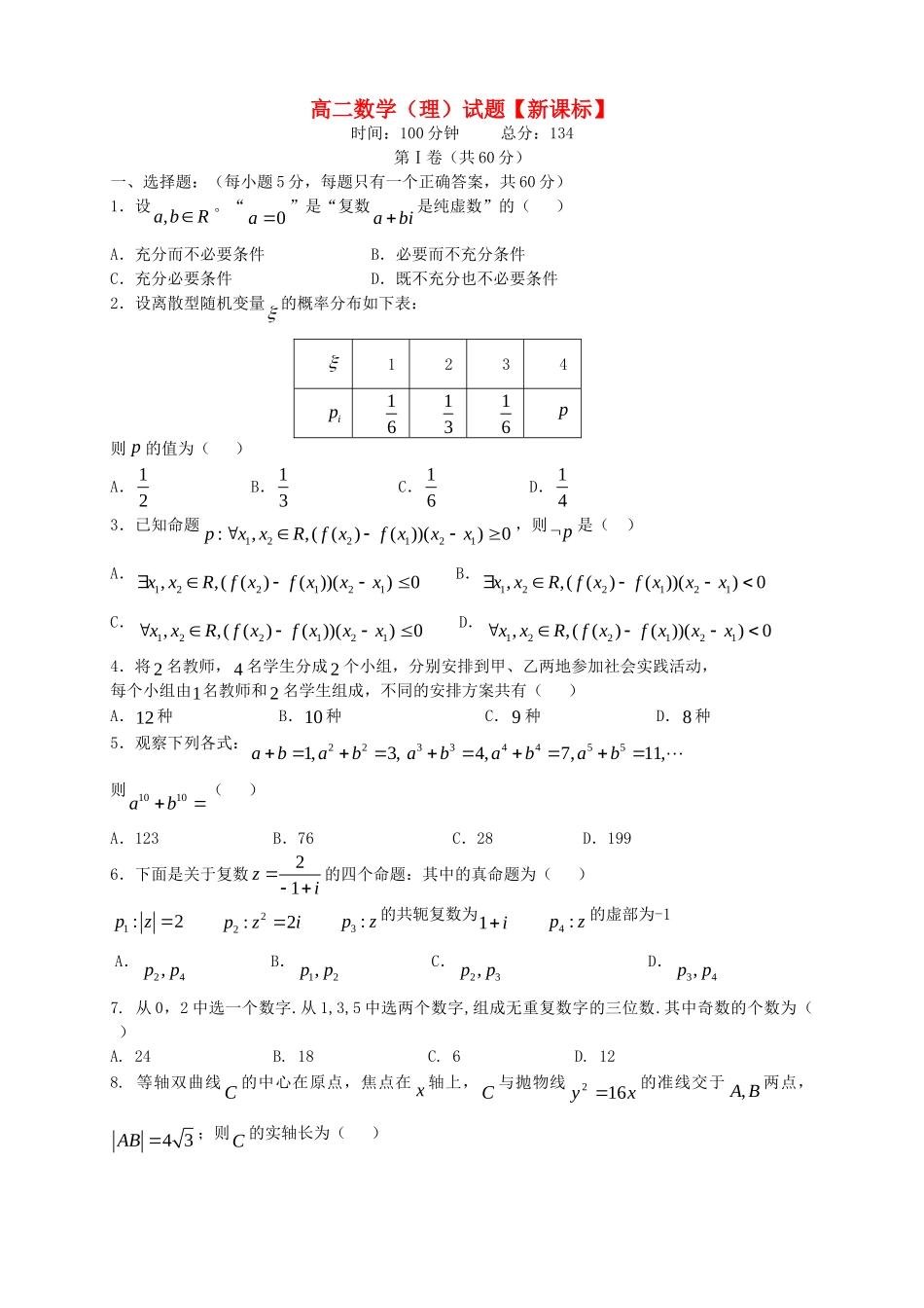高二数学下学期第二次月考 理_第1页