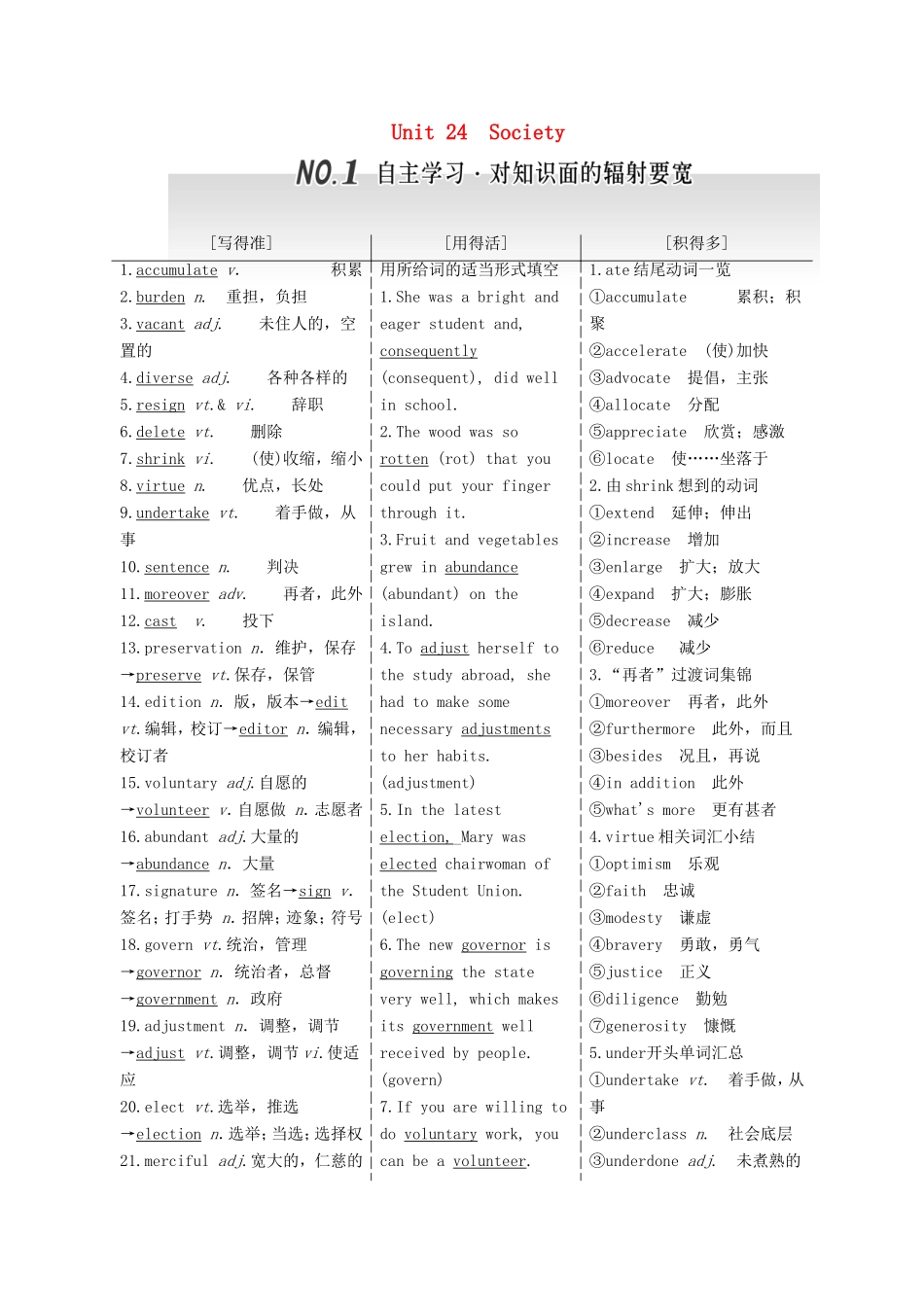 高考英语一轮复习 Unit 24 Society 北师大版选修8-北师大版高三选修8英语试题_第1页