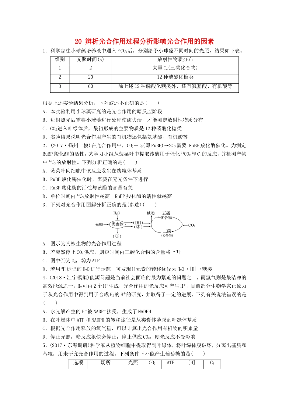 （江苏专版）高考生物一轮复习 重点强化练20 辨析光合作用过程分析影响光合作用的因素 新人教版-新人教版高三全册生物试题_第1页