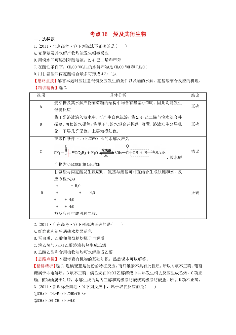 高考化学 考点汇总 考点16 烃及其衍生物_第1页