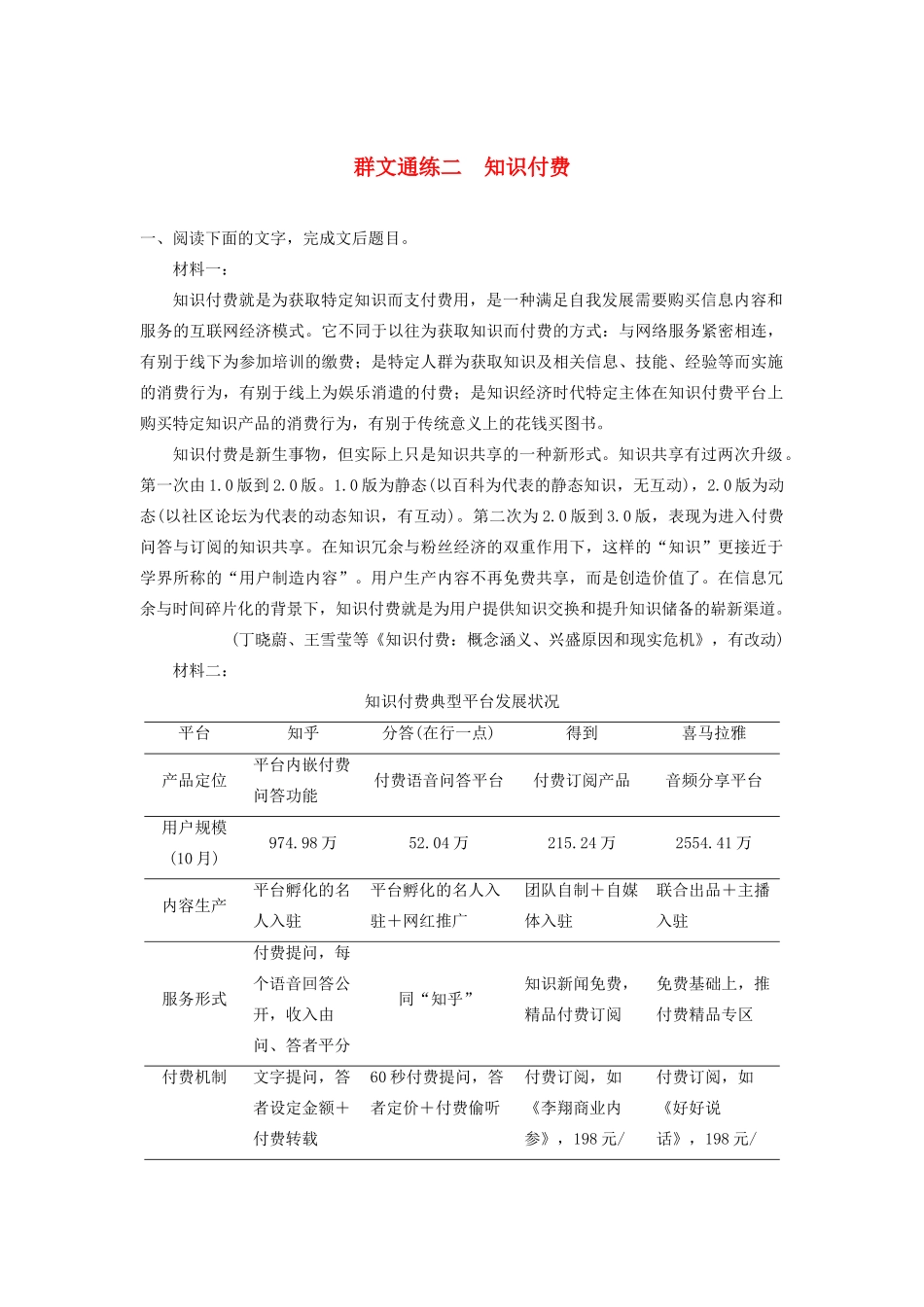 （江苏专版）高考语文二轮复习 实用类文本阅读——群文通练 群文通练二 知识付费（含解析）-人教版高三全册语文试题_第1页