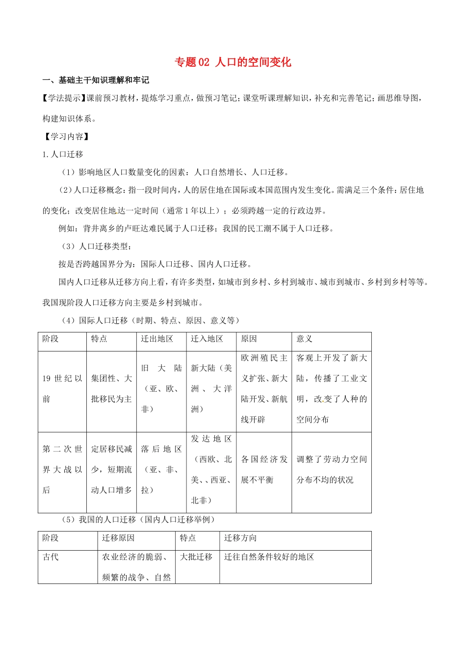 （新高考专版）高一地理 专题02 人口的空间变化同步有效作业（必修2）-人教版高一必修2地理试题_第1页