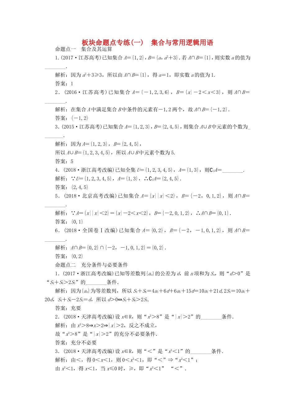 高考数学一轮复习 板块命题点专练（一）集合与常用逻辑用语 文（含解析）苏教版-苏教版高三数学试题_第1页