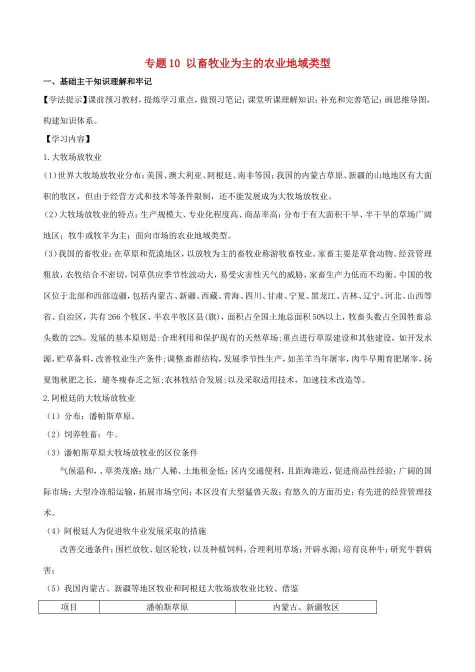 （新高考专版）高一地理 专题10 以畜牧业为主的农业地域类型同步有效作业（必修2）-人教版高一必修2地理试题_第1页