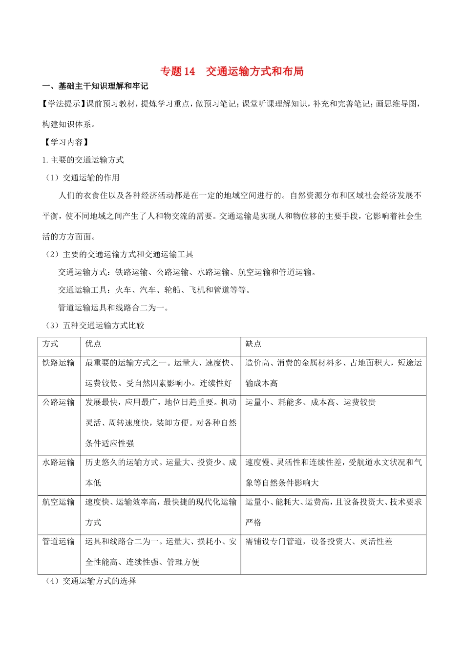 （新高考专版）高一地理 专题14 交通运输方式和布局同步有效作业（必修2）-人教版高一必修2地理试题_第1页