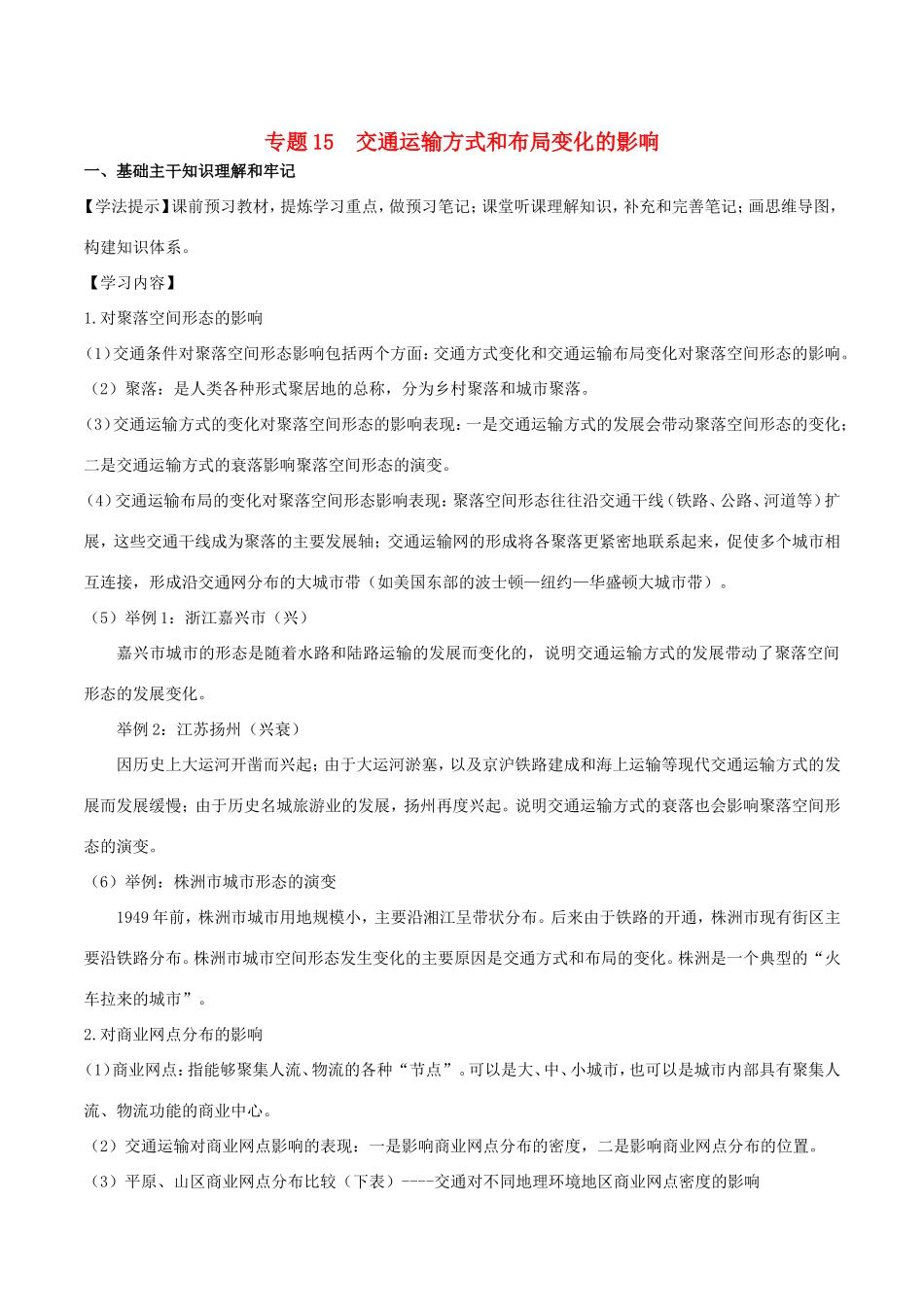 （新高考专版）高一地理 专题15 交通运输方式和布局变化的影响同步有效作业（必修2）-人教版高一必修2地理试题_第1页