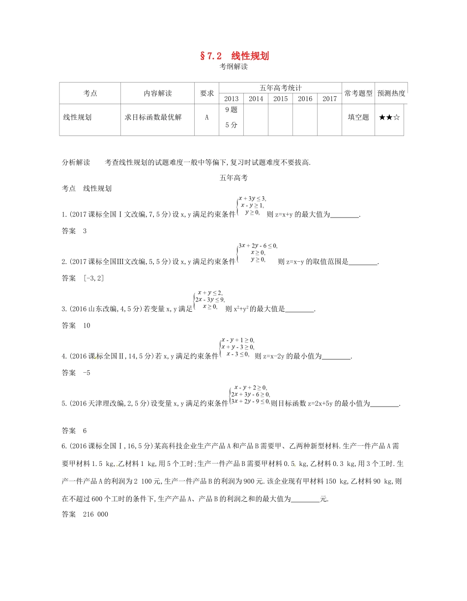 高考数学一轮复习 第七章 不等式 7.2 线性规划讲义-人教版高三数学试题_第1页