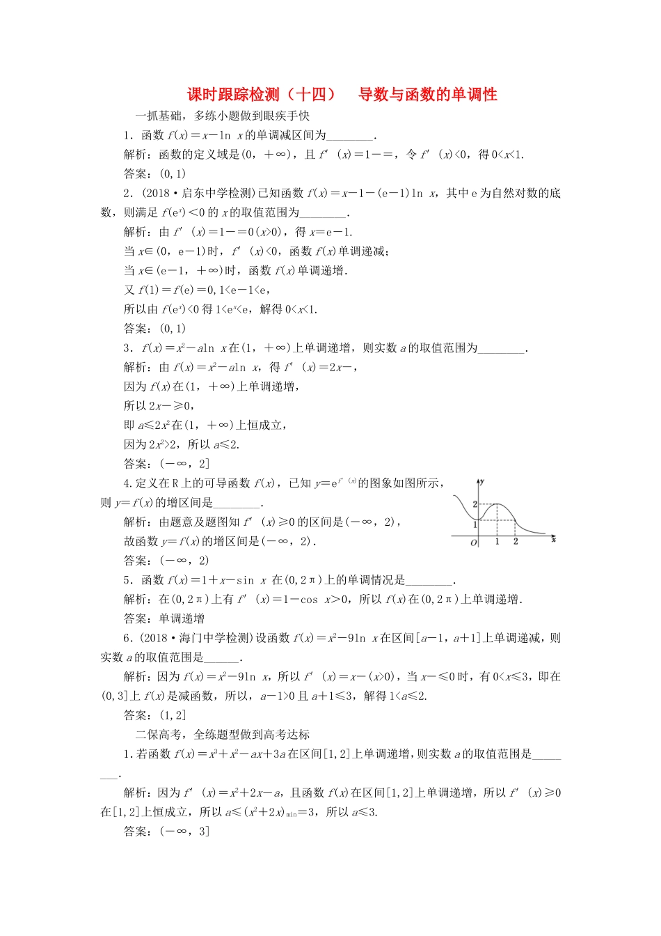 高考数学一轮复习 第三章 导数及其应用 课时跟踪检测（十四）导数与函数的单调性 文-人教版高三数学试题_第1页