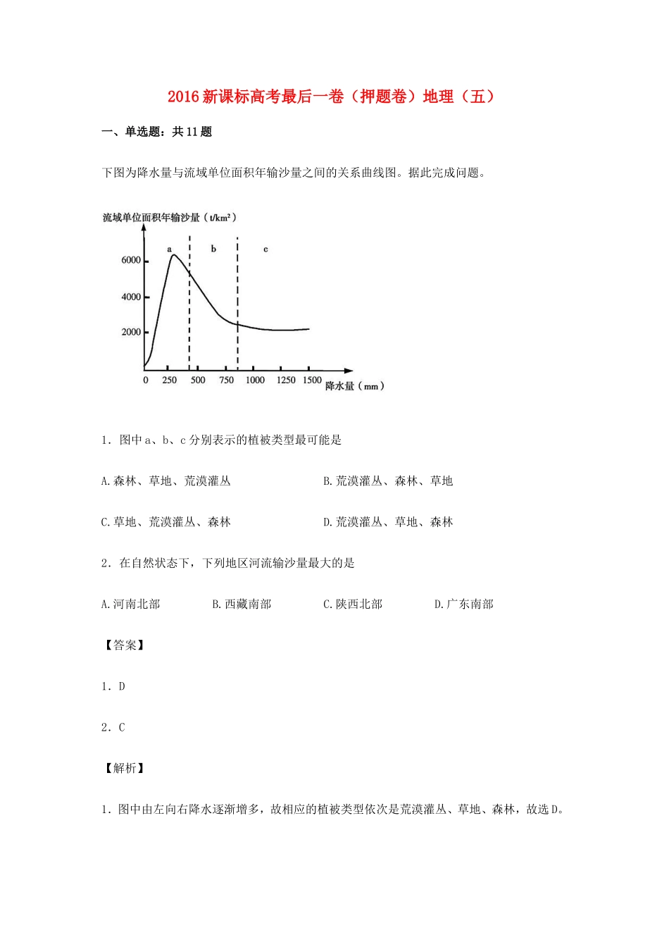 （新课标）高考地理押题卷（五）（含解析）-人教版高三全册地理试题_第1页
