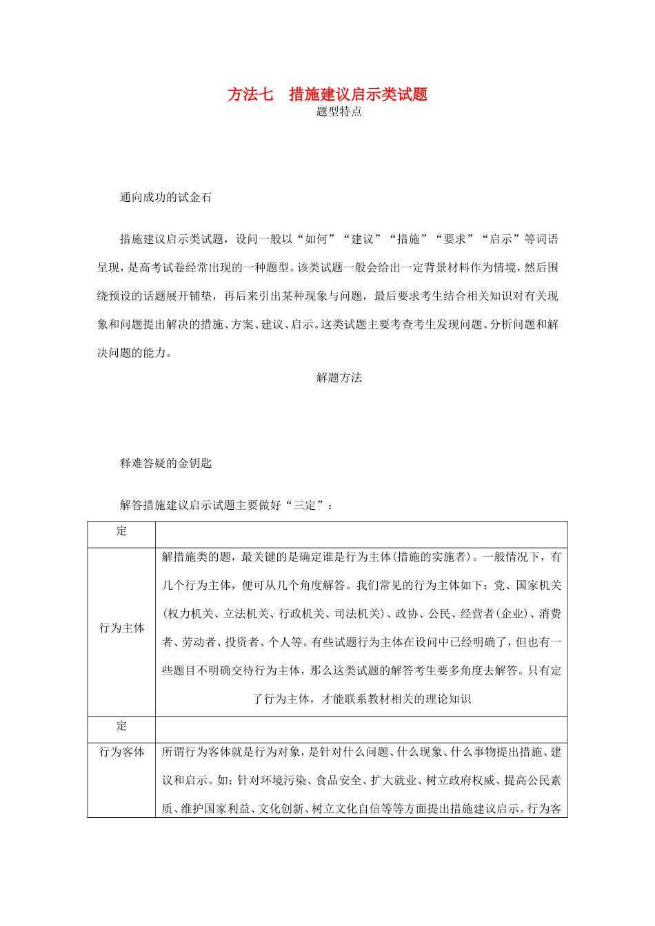 高考政治总复习 方法七 措施建议启示类试题 新人教版-新人教版高三政治试题_第1页