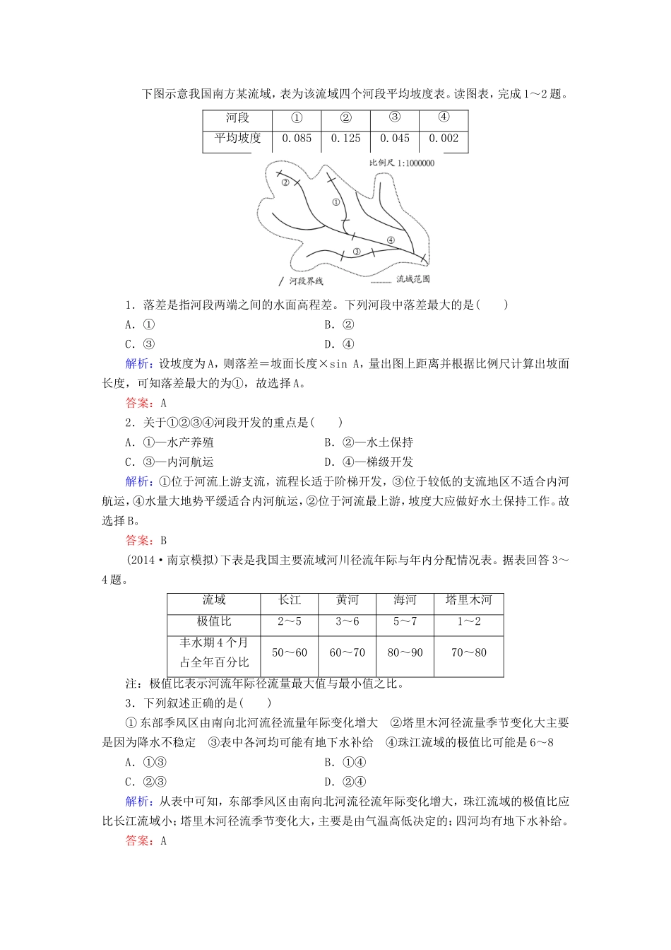 （新课标）高考地理总复习 14.2流域的综合开发-以美国田纳西河流域为例随堂训练-人教版高三全册地理试题_第1页