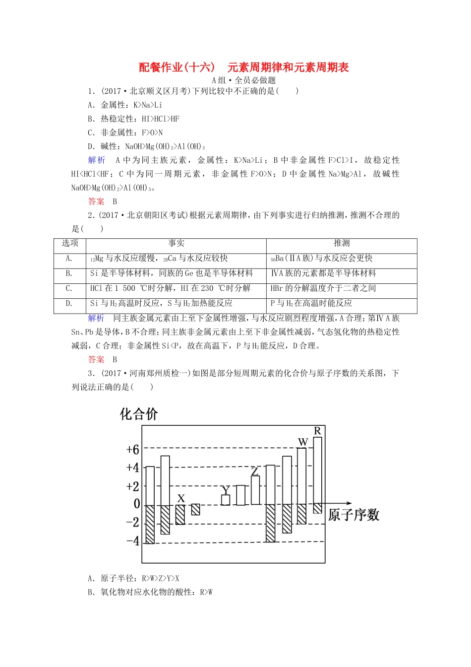 （新课标）高考化学大一轮复习 16元素周期律和元素周期表配餐作业 新人教版-新人教版高三化学试题_第1页