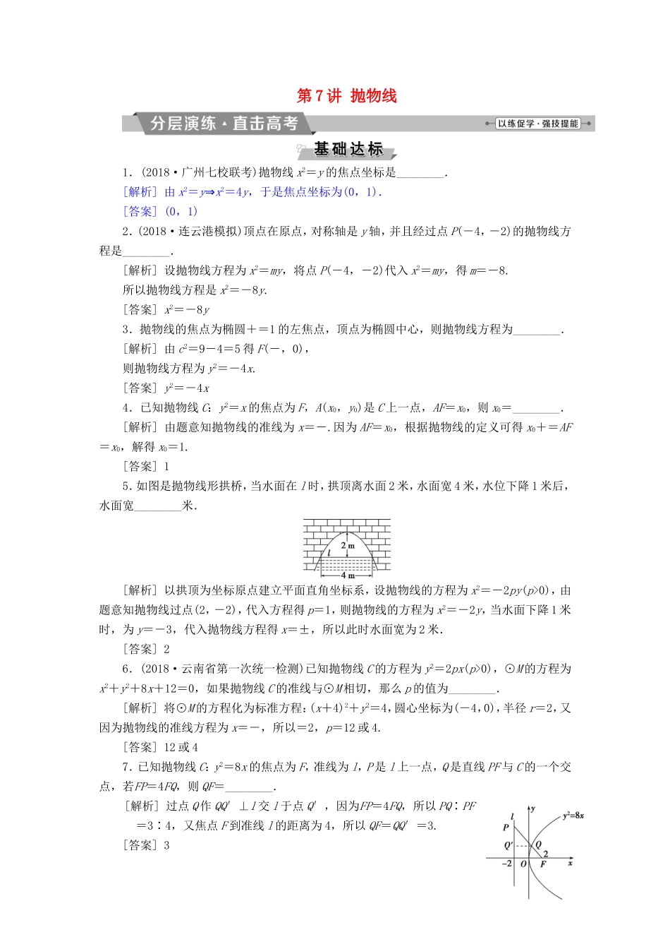 高考数学一轮复习 第八章 平面解析几何 第7讲 抛物线分层演练直击高考 文-人教版高三数学试题_第1页