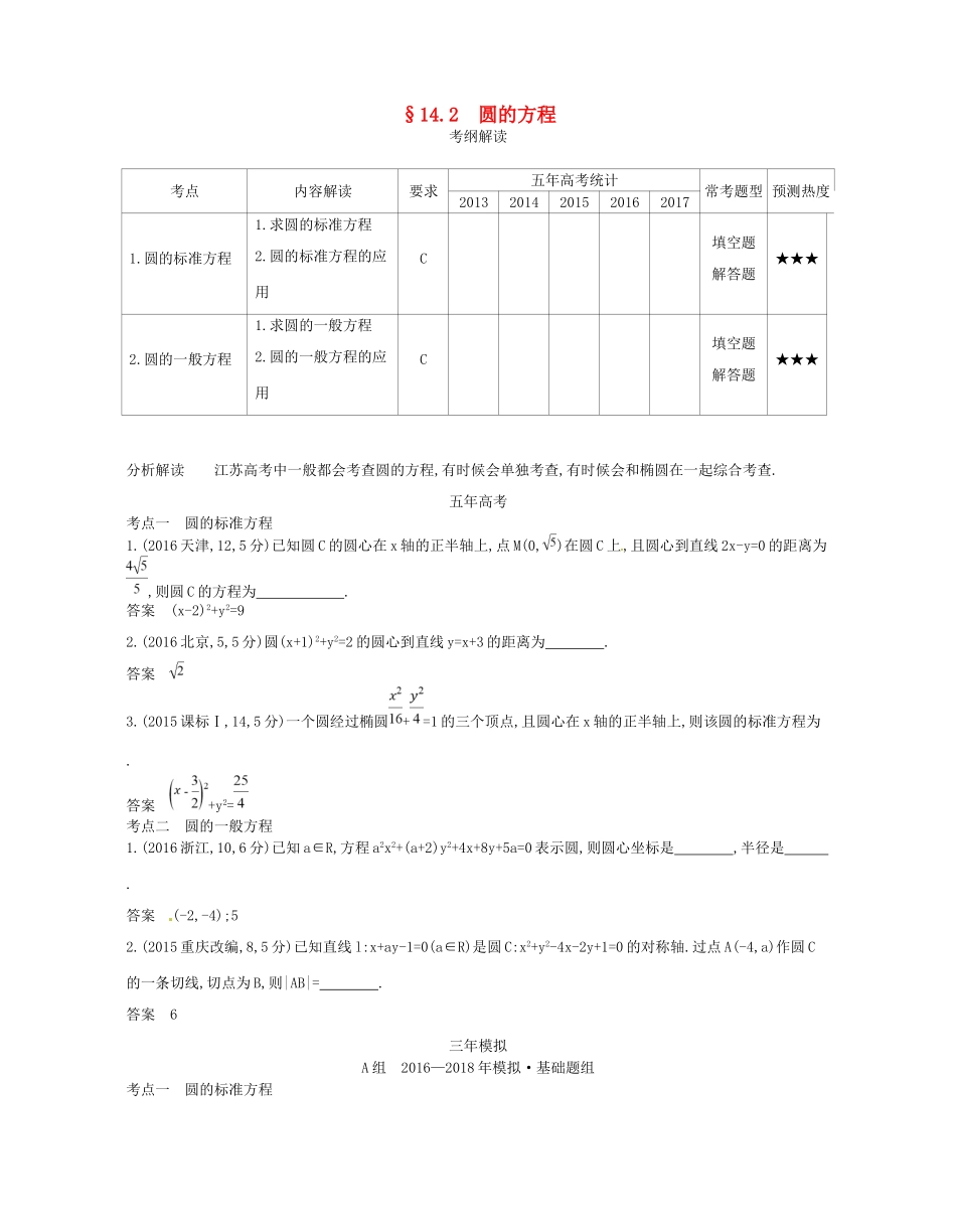 高考数学一轮复习 第十四章 平面解析几何初步 14.2 圆的方程讲义-人教版高三数学试题_第1页