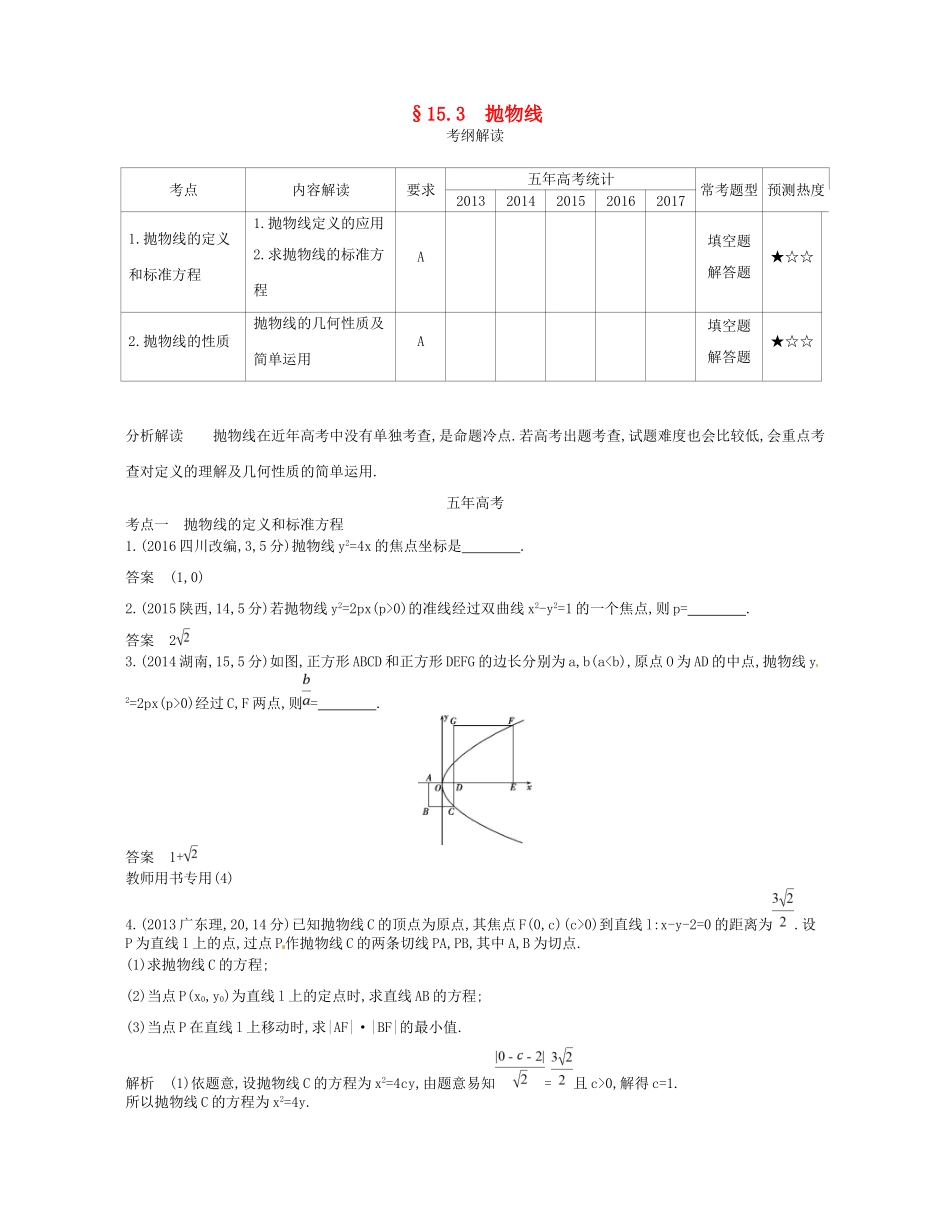 高考数学一轮复习 第十五章 圆锥曲线与方程 15.3 抛物线讲义-人教版高三数学试题_第1页
