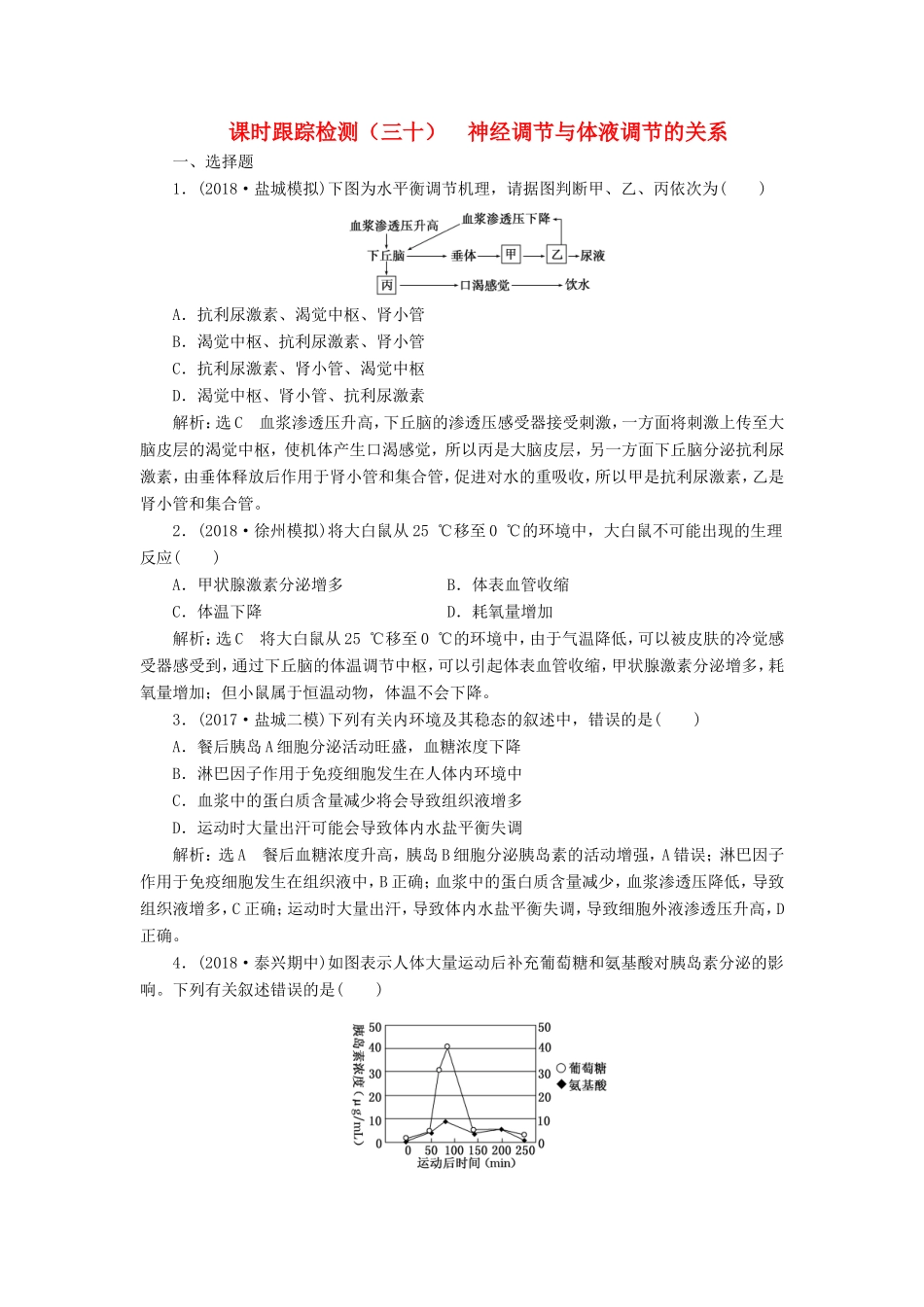 高考生物一轮复习 第三部分 稳态与环境 第一单元 动物和人体生命活动的调节 课时跟踪检测（三十）神经调节与体液调节的关系-人教版高三生物试题_第1页