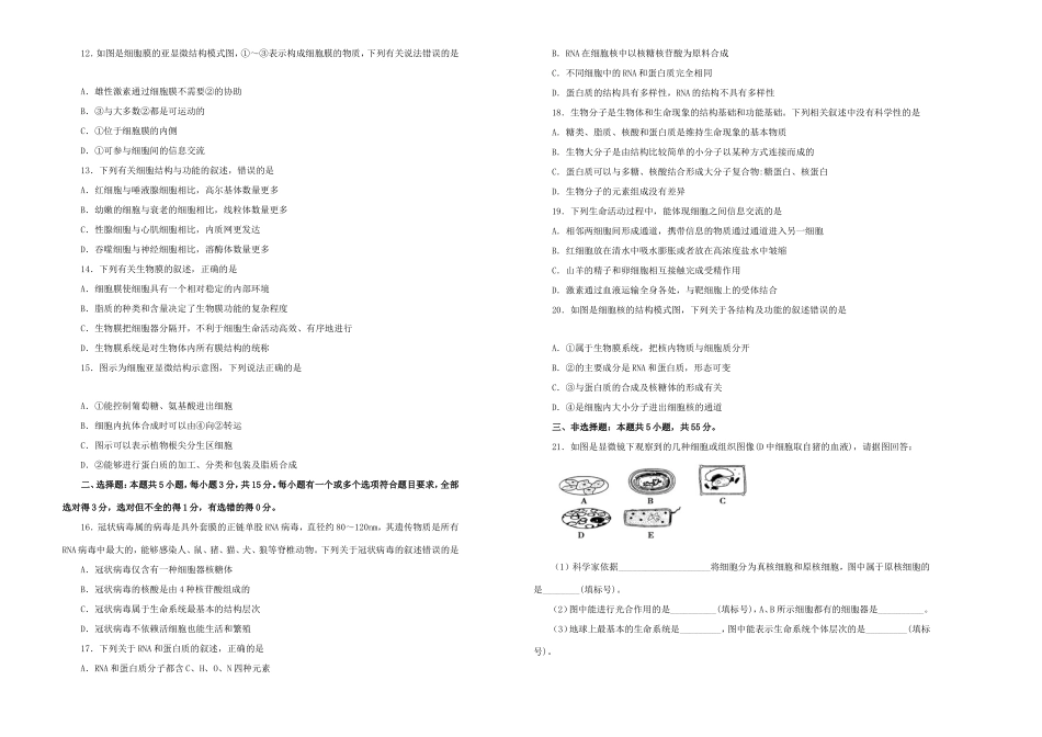 高一生物上学期期中备考金卷（B卷）-人教版高一全册生物试题_第2页