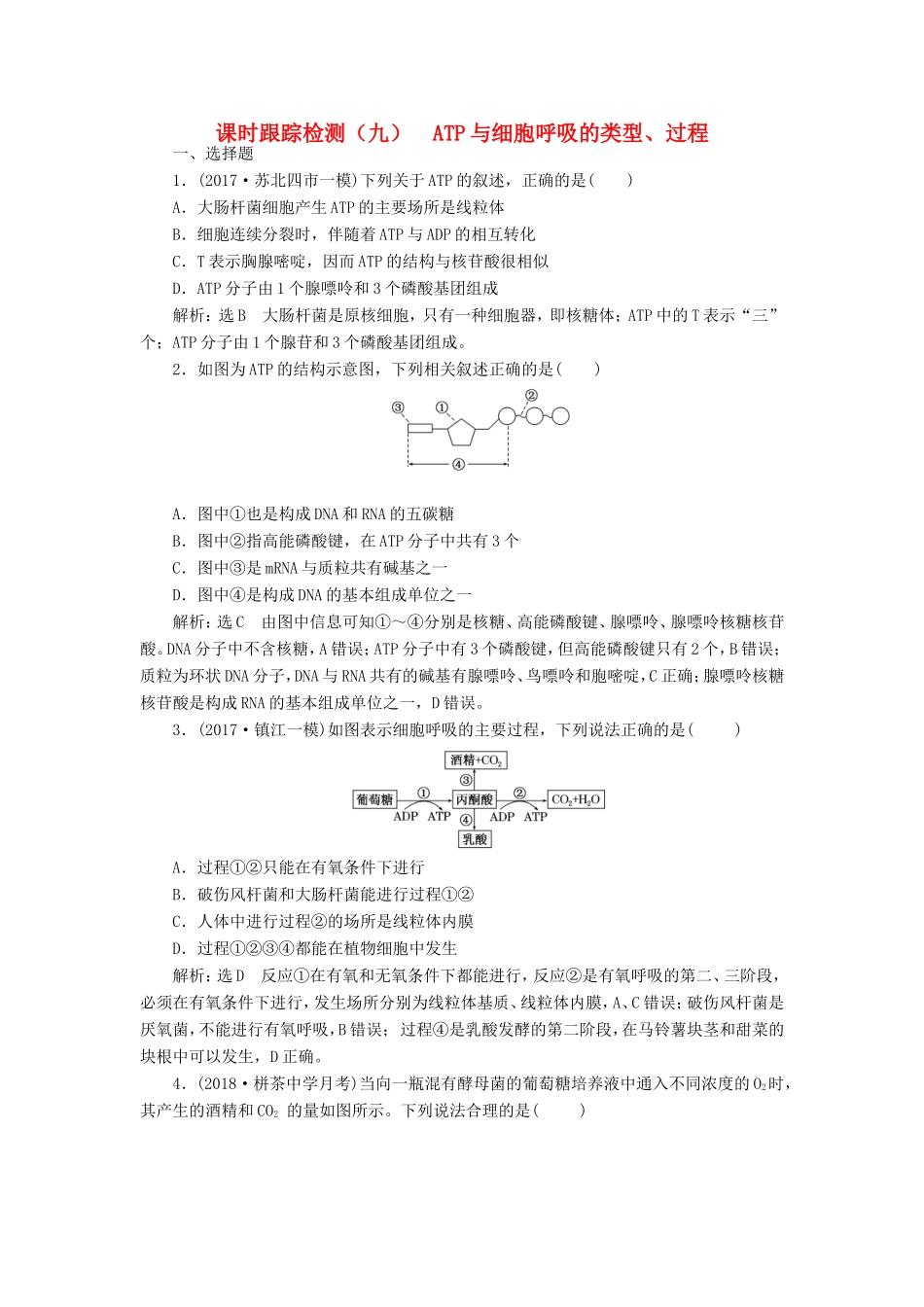 高考生物一轮复习 第一部分 分子与细胞 第三单元 细胞的能量供应和利用 课时跟踪检测（九）ATP与细胞呼吸的类型、过程-人教版高三生物试题_第1页
